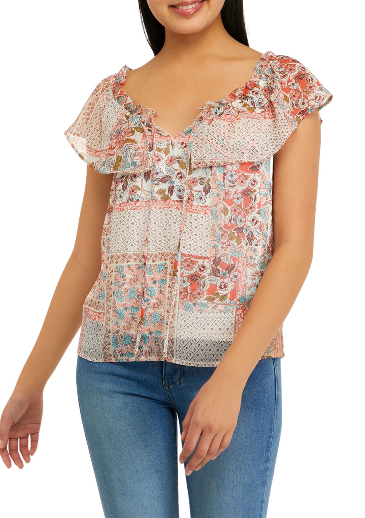 Juniors Off the Shoulder Printed Top