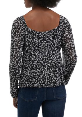 Juniors' Blouson Sleeve Floral Printed Mesh Peplum Top