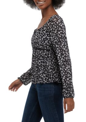 Juniors' Blouson Sleeve Floral Printed Mesh Peplum Top