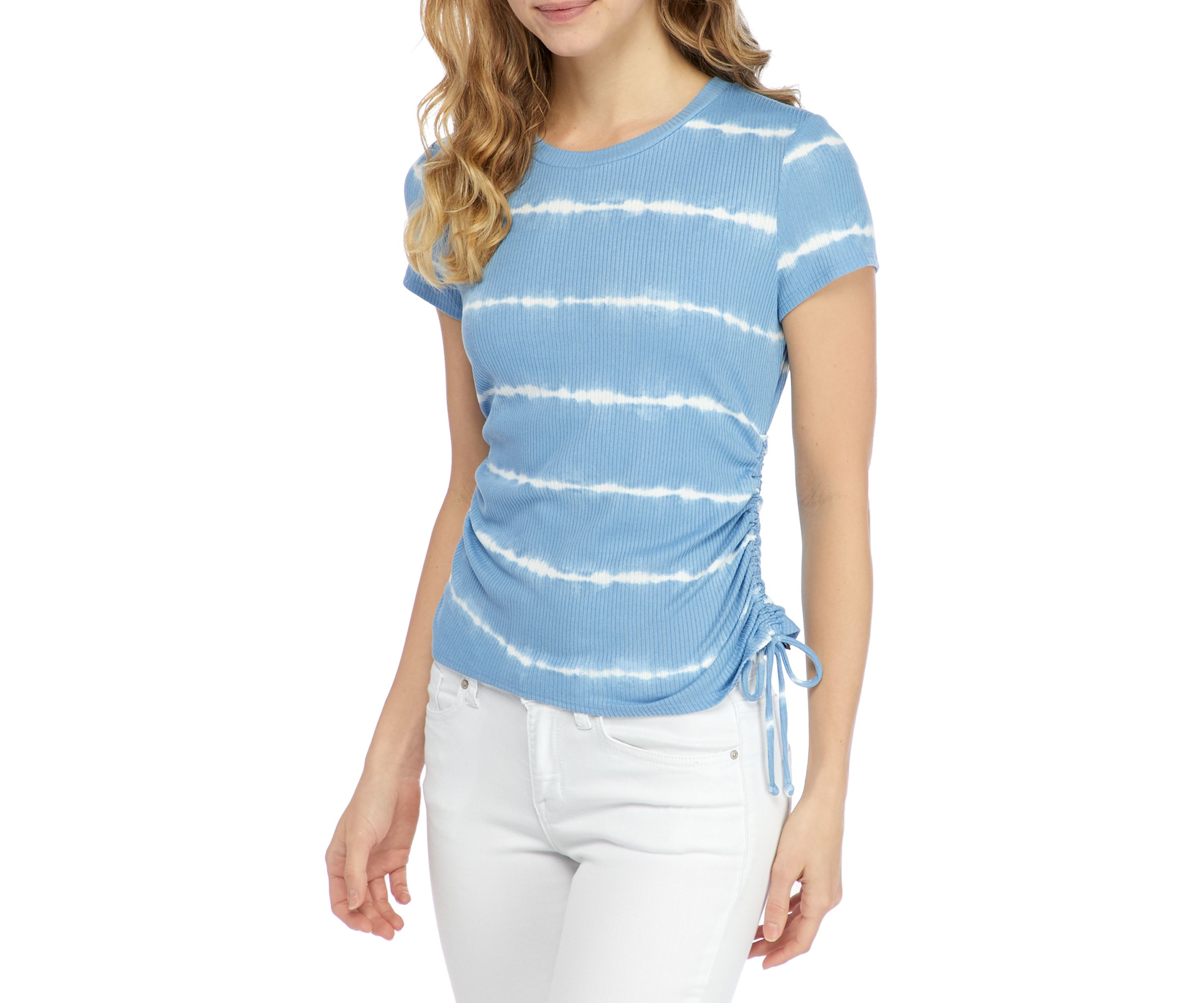 Juniors Short Sleeve Printed Side Ruched Top