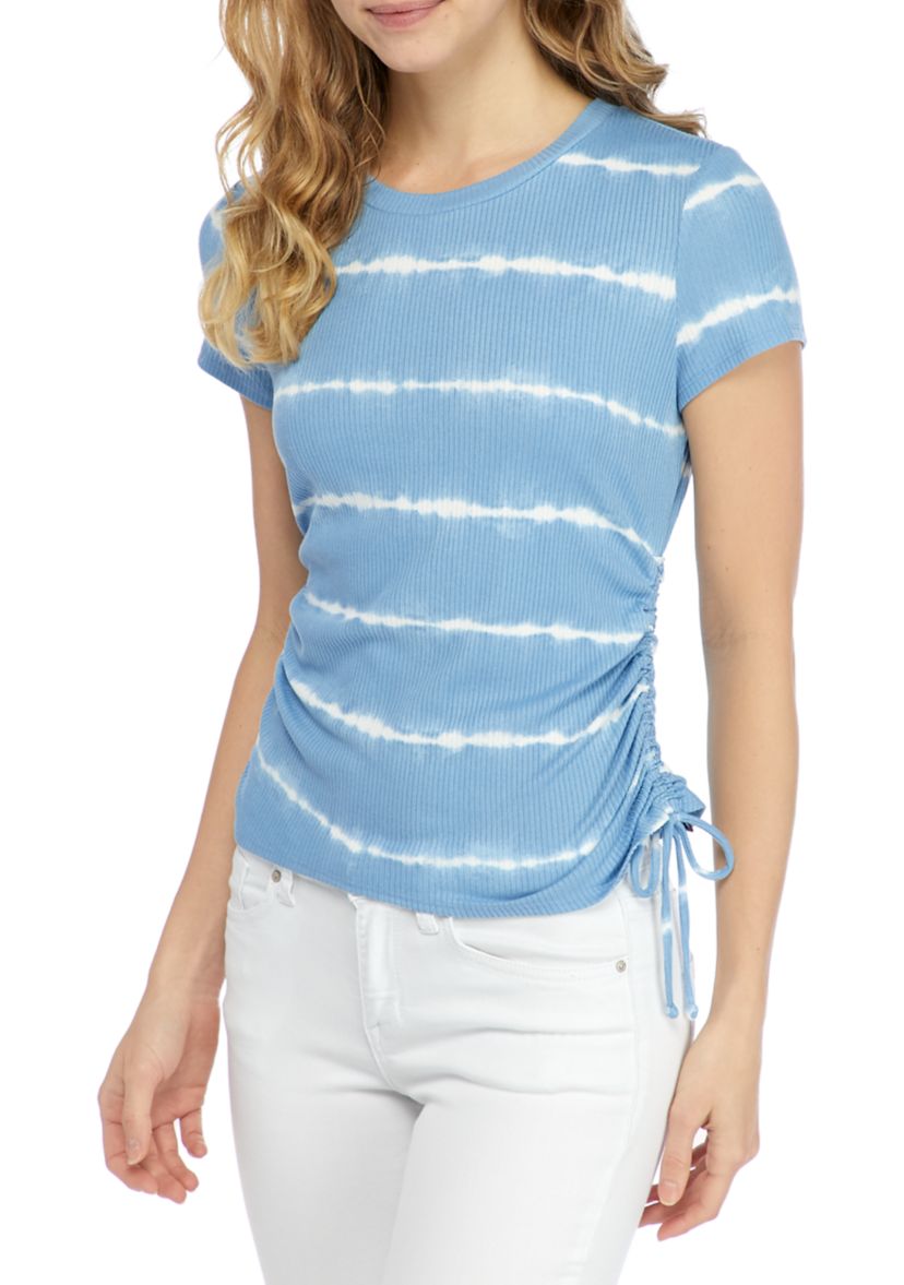 Juniors Short Sleeve Printed Side Ruched Top