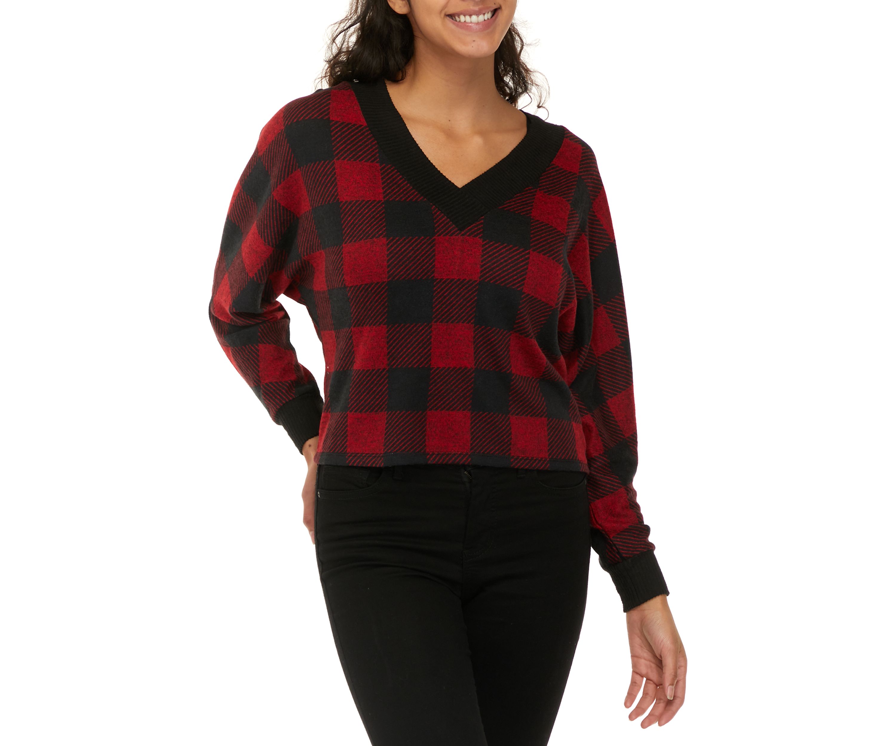 Juniors Long Sleeve Print Brush Hacci Cropped V-Neck Top
