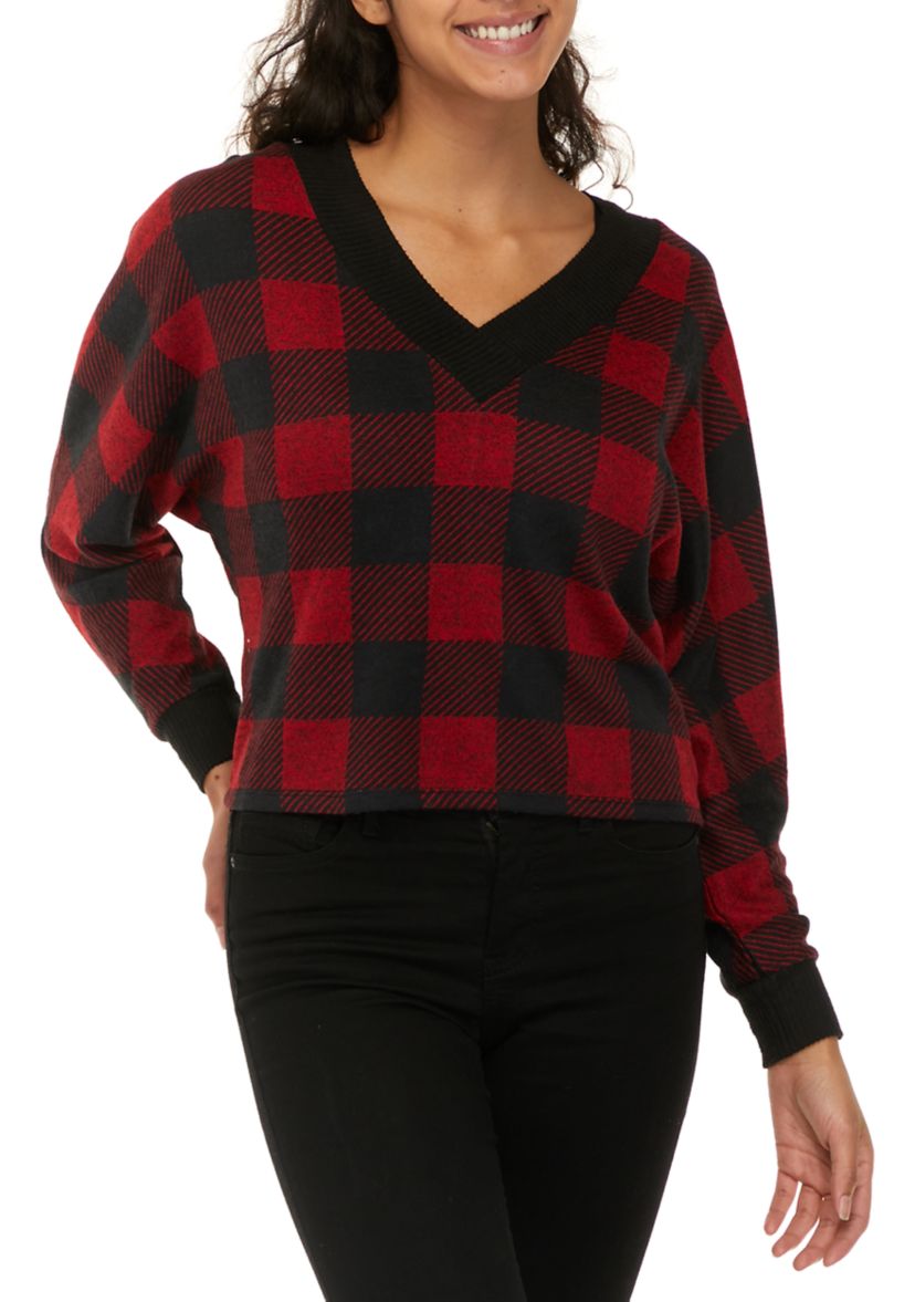 Juniors Long Sleeve Print Brush Hacci Cropped V-Neck Top