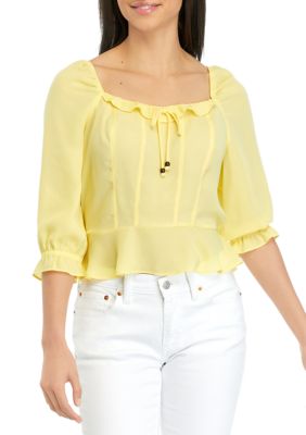 A. Byer Women's Juniors' 3/4 Sleeve Ruffle Top, Yellow, XL