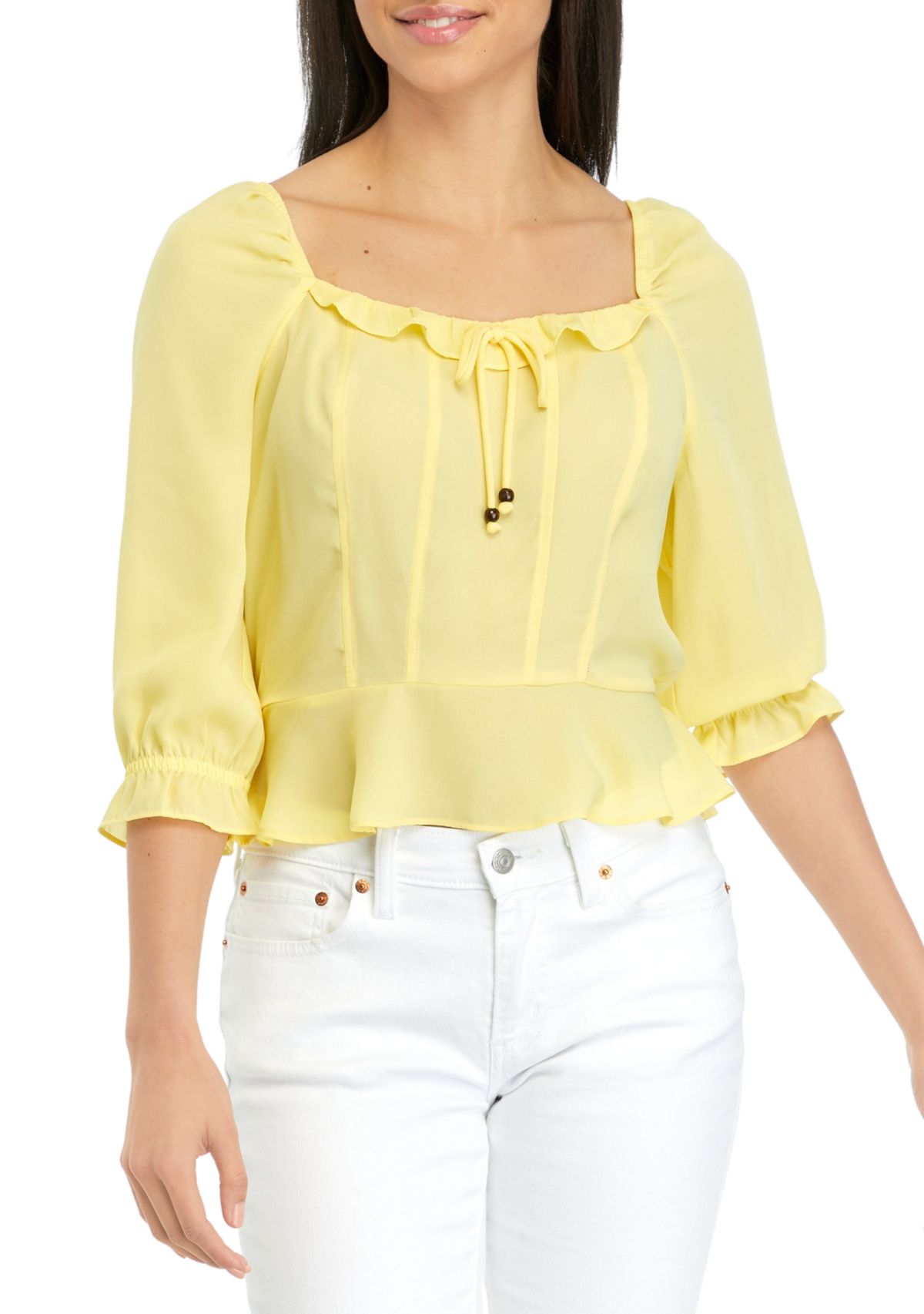 Juniors 3/4 Sleeve Ruffle Top