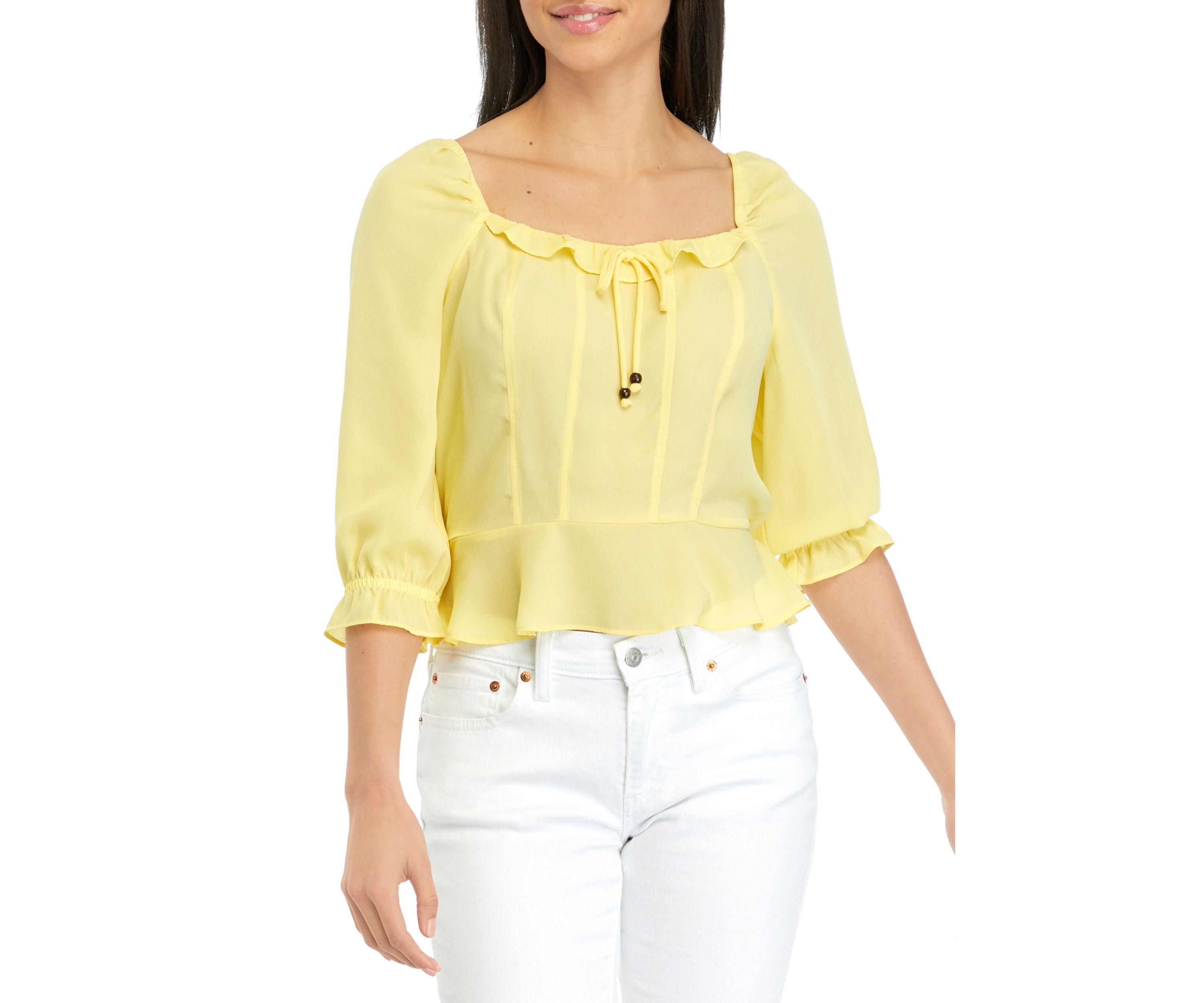 Juniors 3/4 Sleeve Ruffle Top