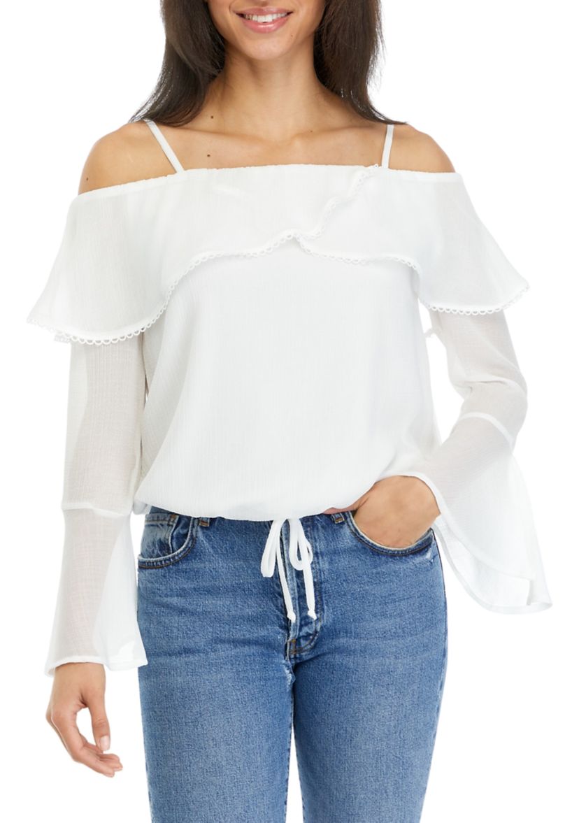 Juniors Off the Shoulder Tie Waist Blouse
