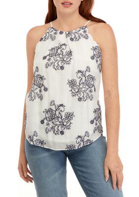 Juniors' Sleeveless Embroidered Cut Away Scallop Tank