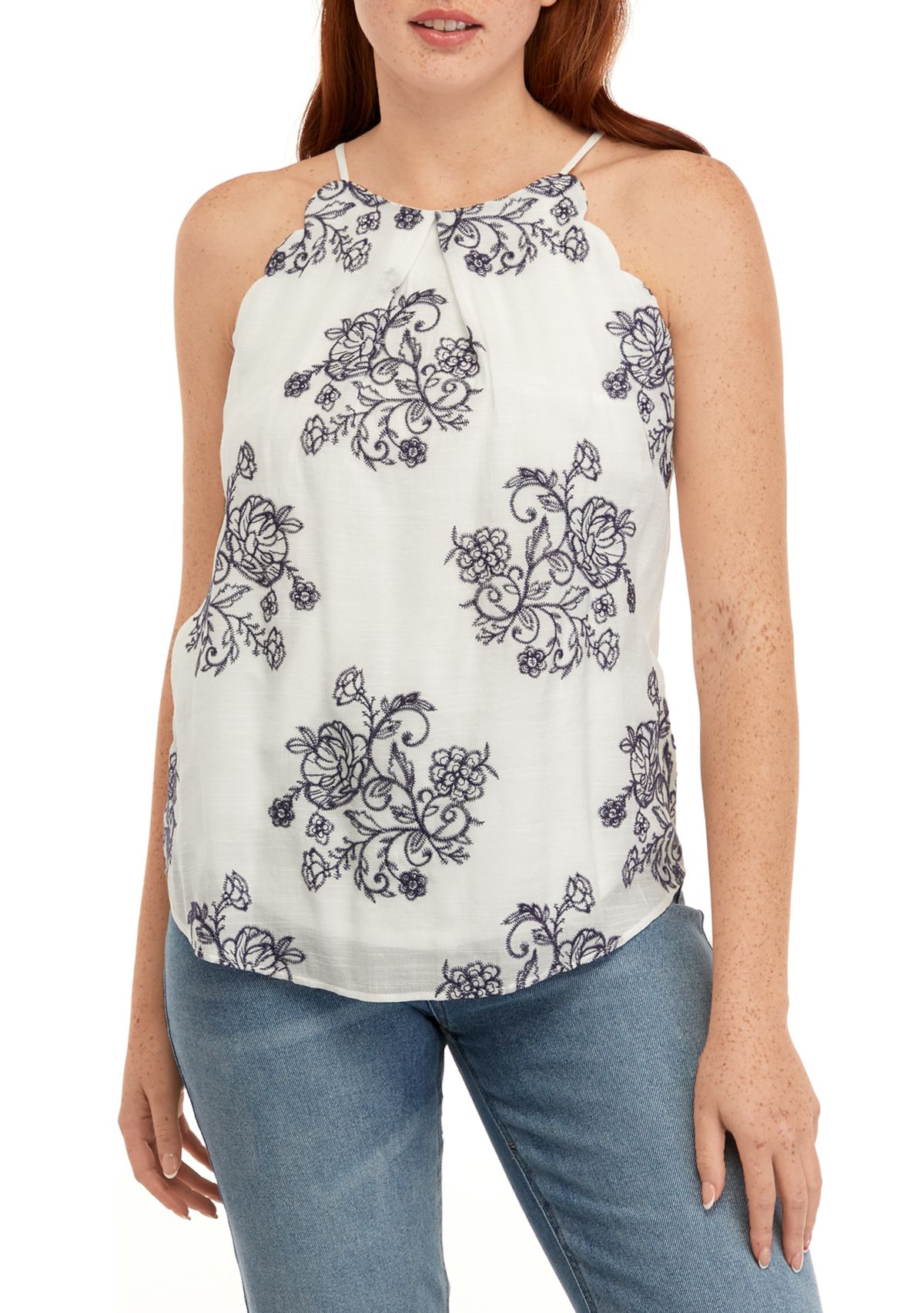 Juniors Sleeveless Embroidered Cut Away Scallop Tank