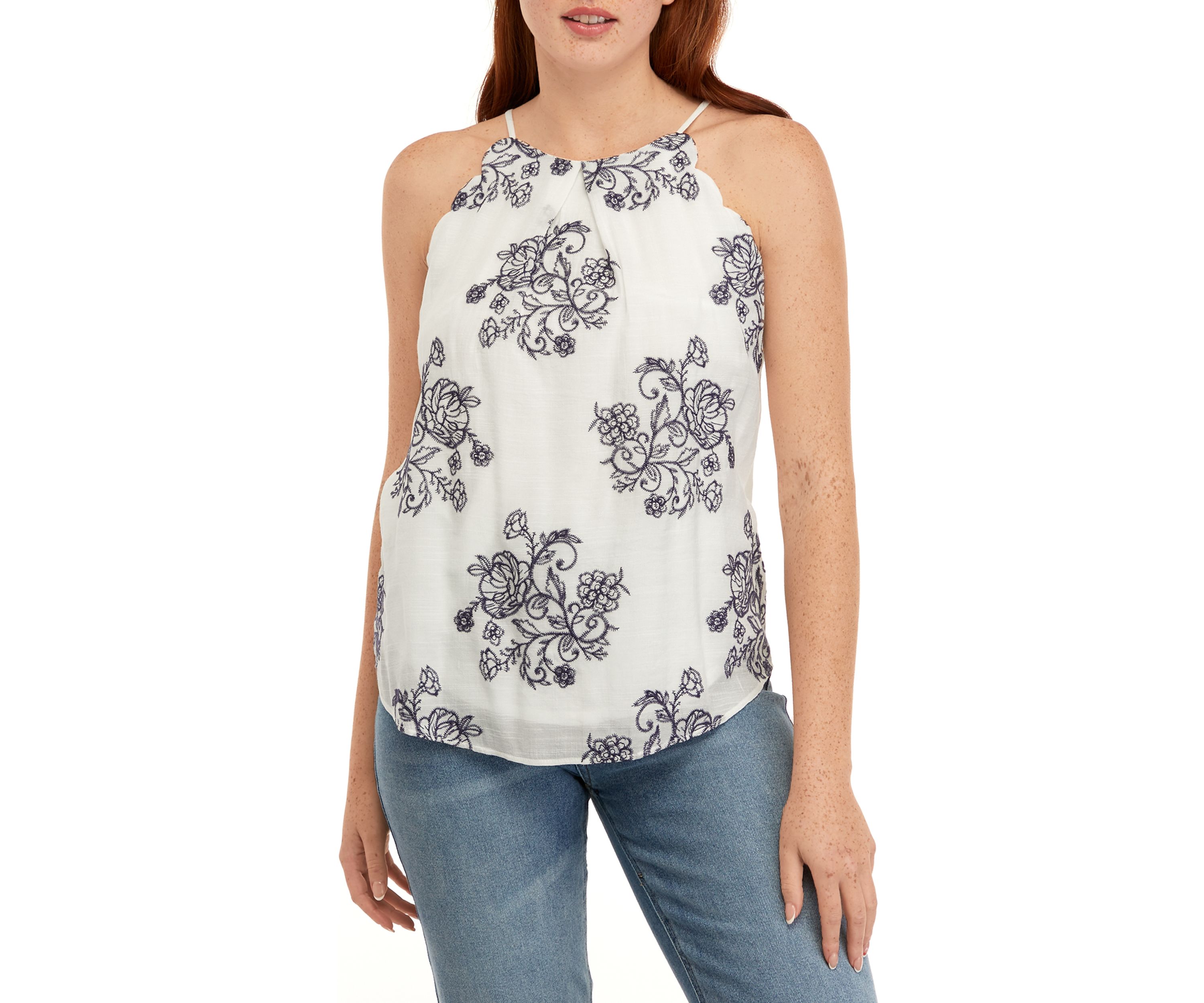 Juniors Sleeveless Embroidered Cut Away Scallop Tank
