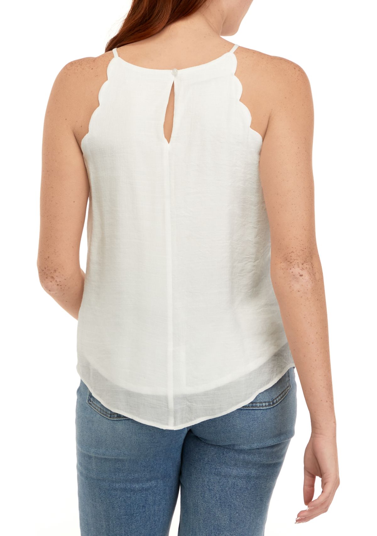 Juniors Sleeveless Embroidered Cut Away Scallop Tank