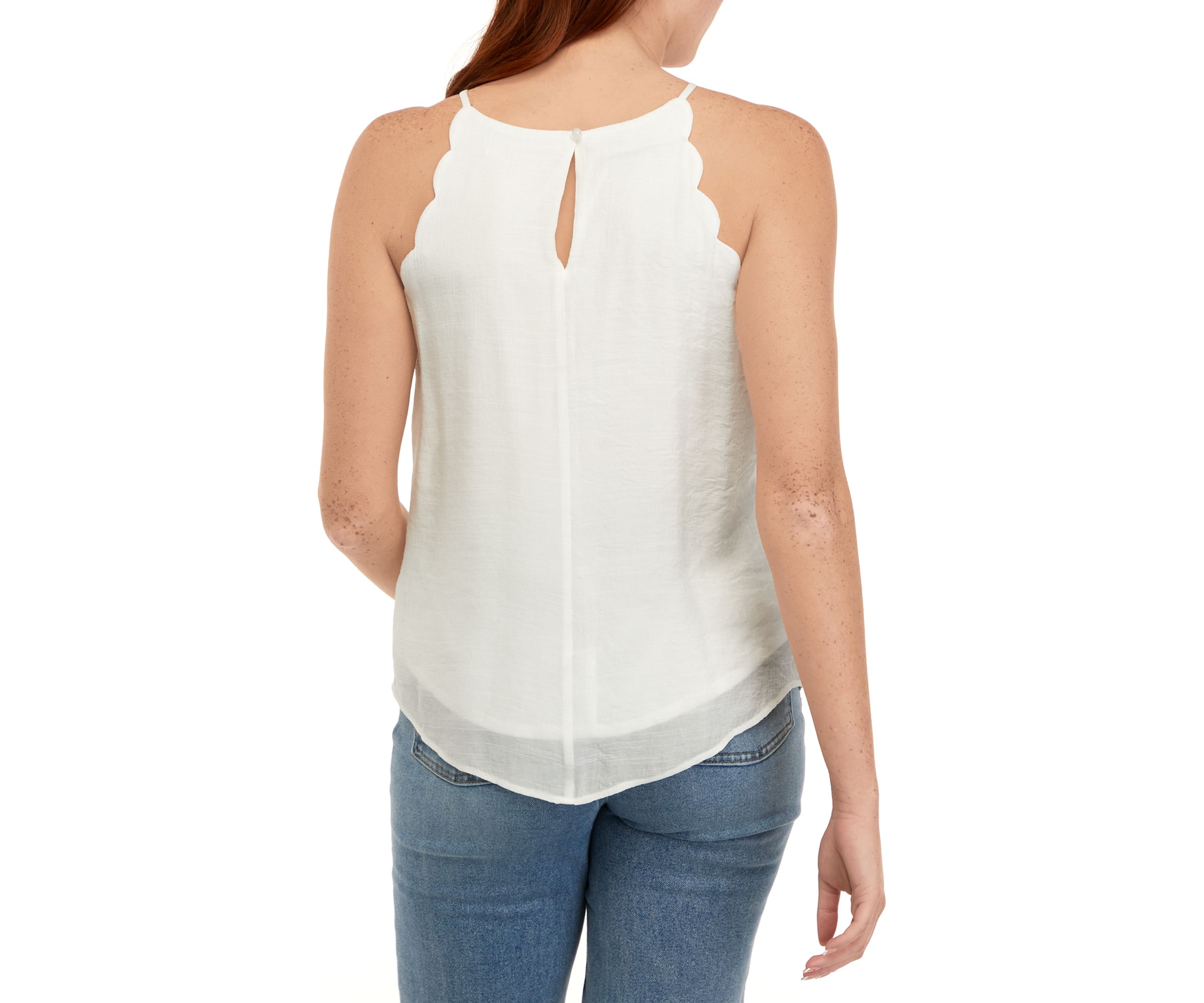 Juniors Sleeveless Embroidered Cut Away Scallop Tank