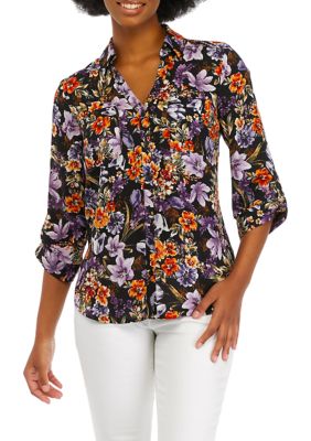 Juniors' Printed Button Down Blouse