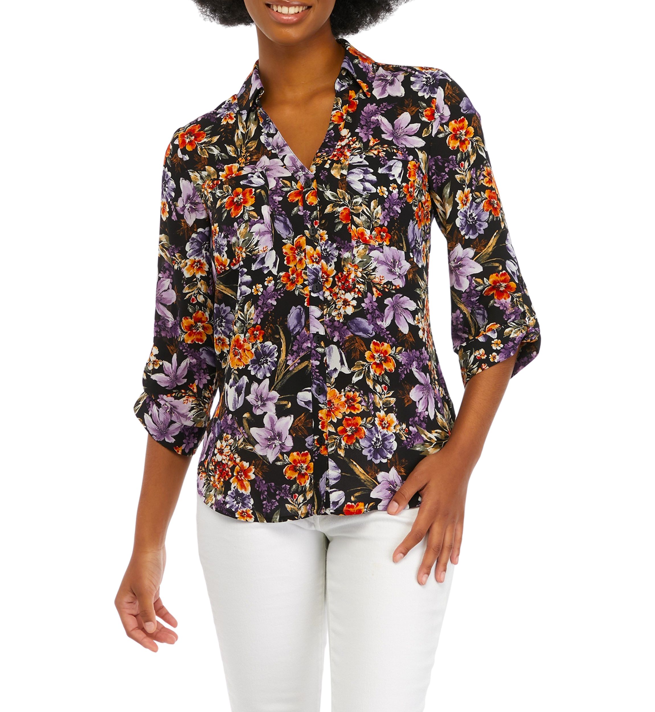 Juniors Printed Button Down Blouse