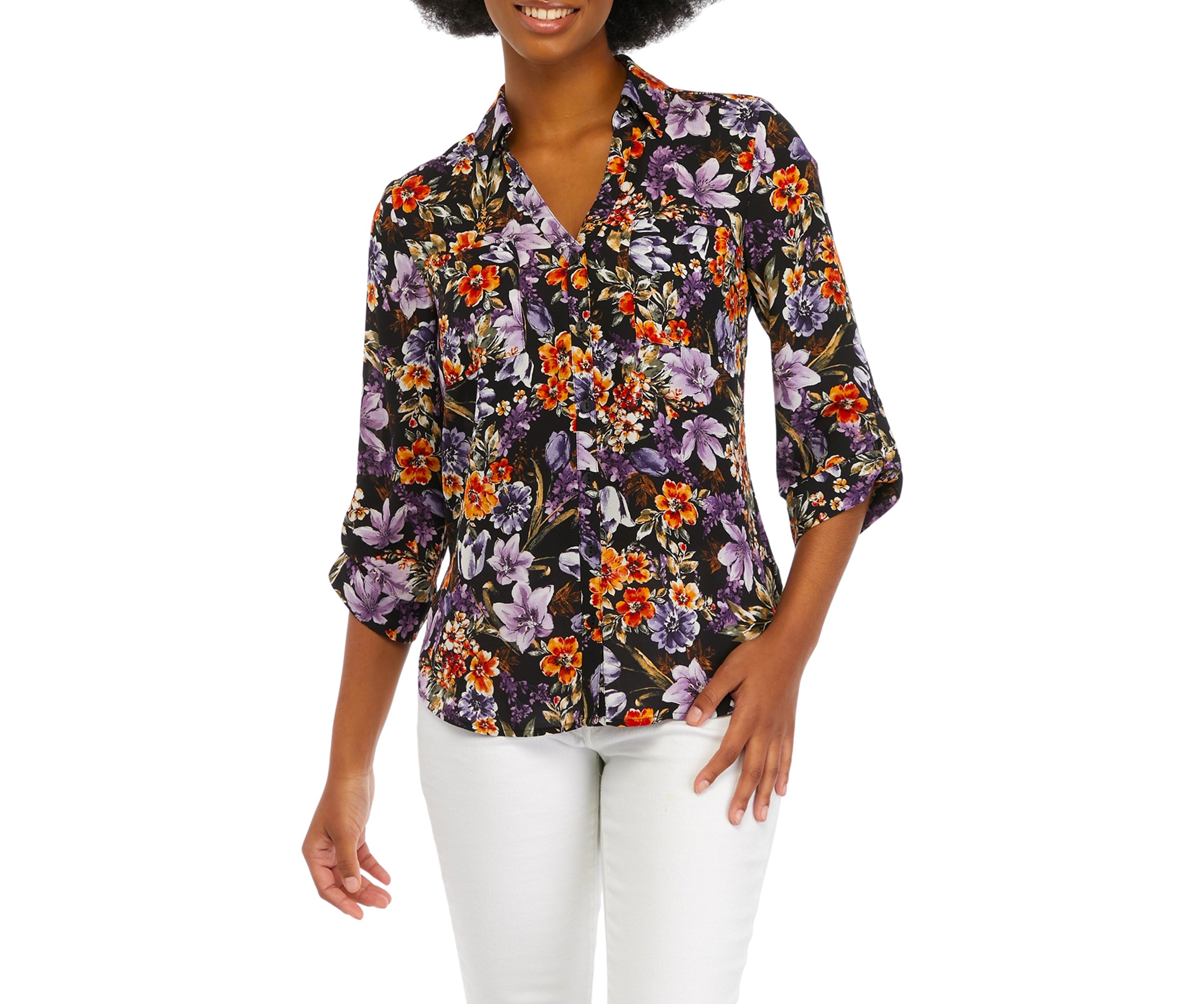 Juniors Printed Button Down Blouse