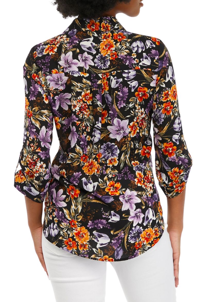 Juniors Printed Button Down Blouse