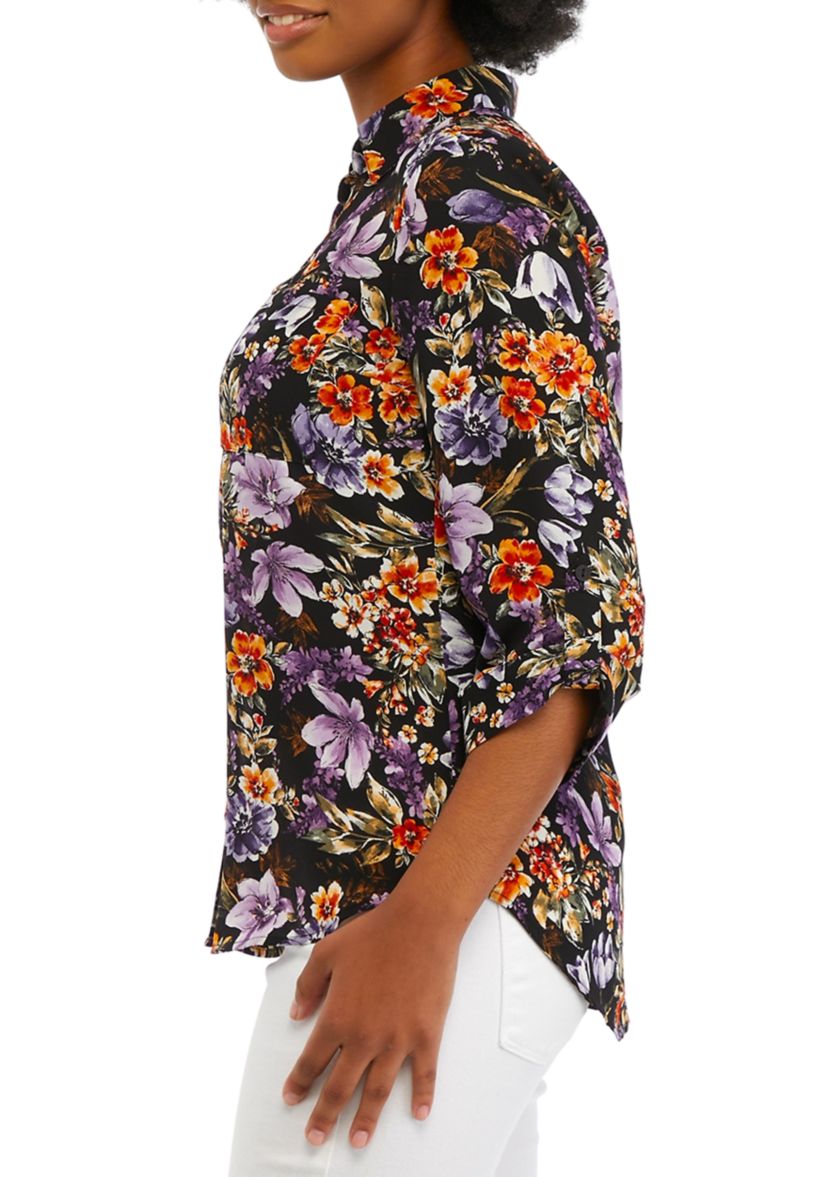 Juniors Printed Button Down Blouse