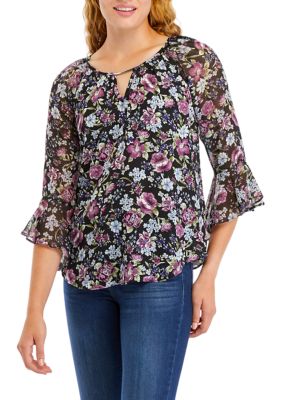 Juniors' 3/4 Sleeve Printed Woven Top