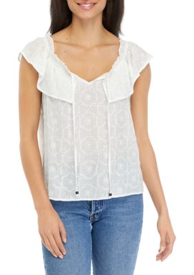 Juniors' Short Flutter Sleeve Peasant Top