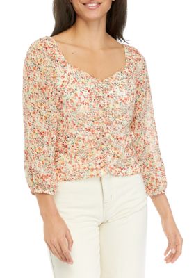 Juniors' Ruched Floral Printed Top