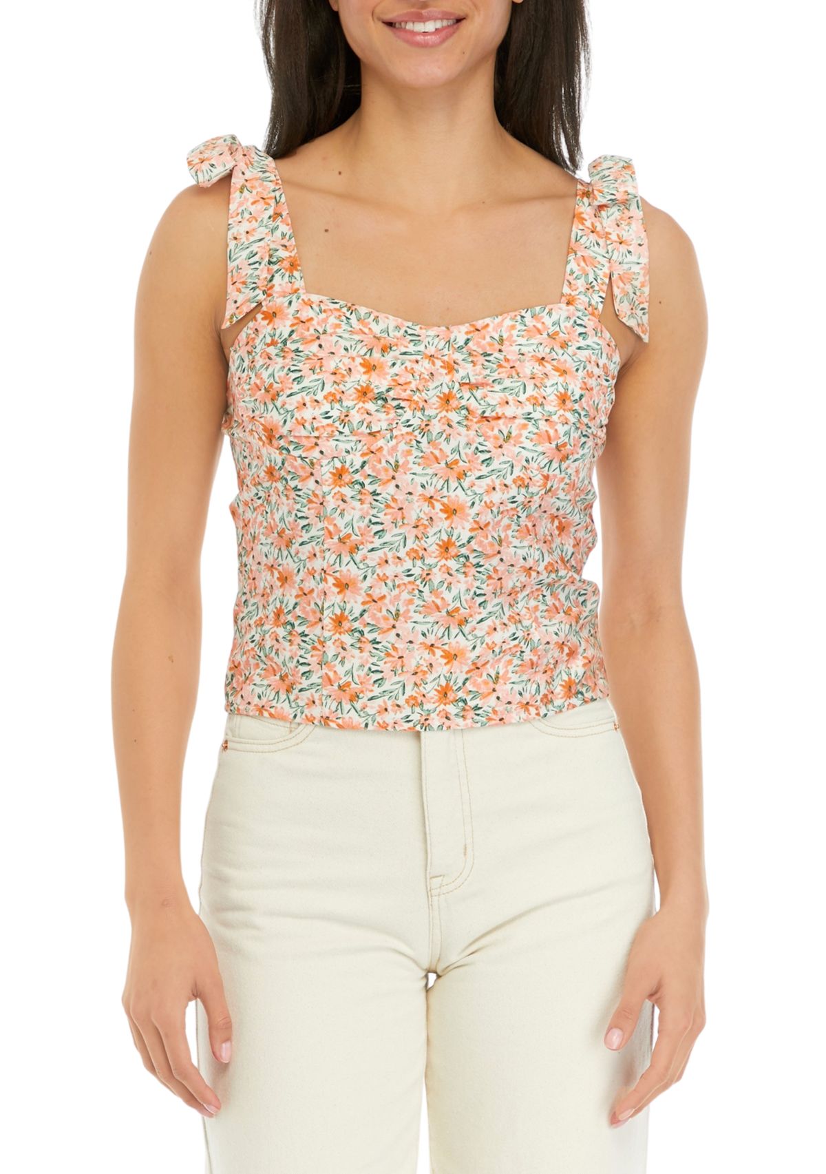 Juniors Printed Tie Sleeve Tank Top