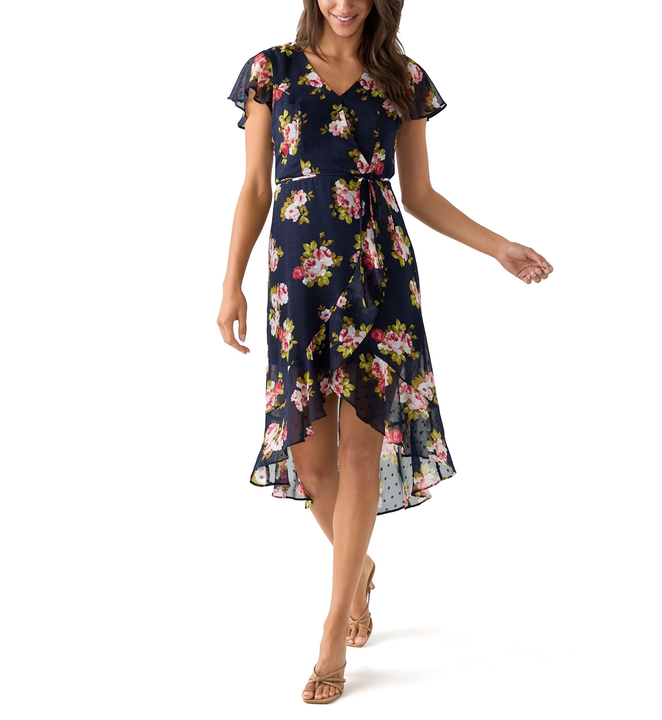 Womens Printed Flutter Sleeve High Low Faux Wrap Dress