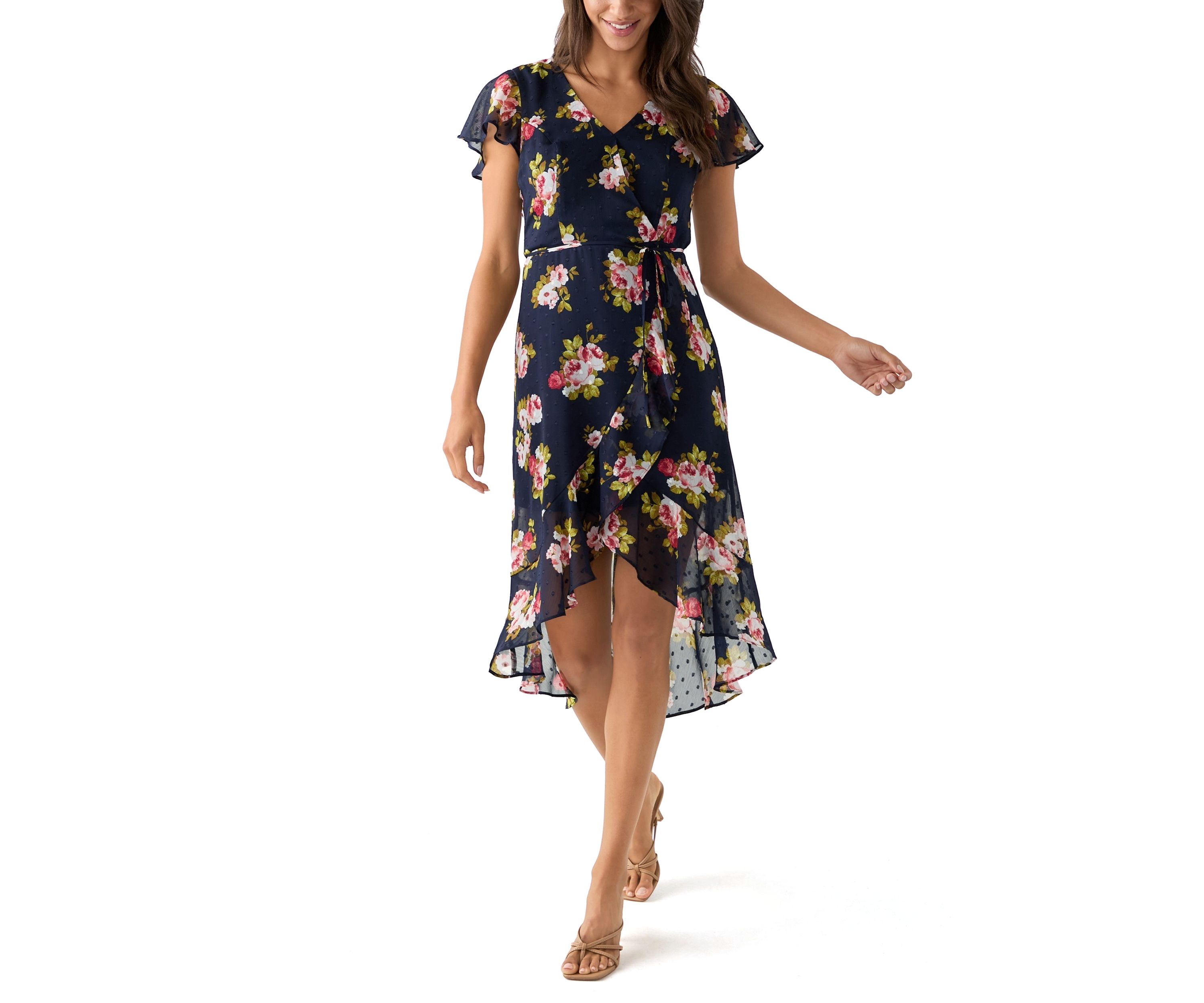 Womens Printed Flutter Sleeve High Low Faux Wrap Dress