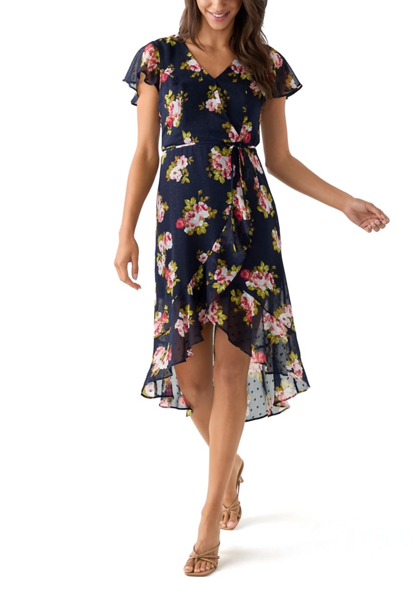 Womens Printed Flutter Sleeve High Low Faux Wrap Dress