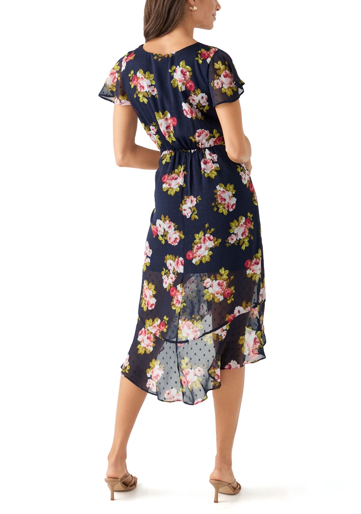Womens Printed Flutter Sleeve High Low Faux Wrap Dress