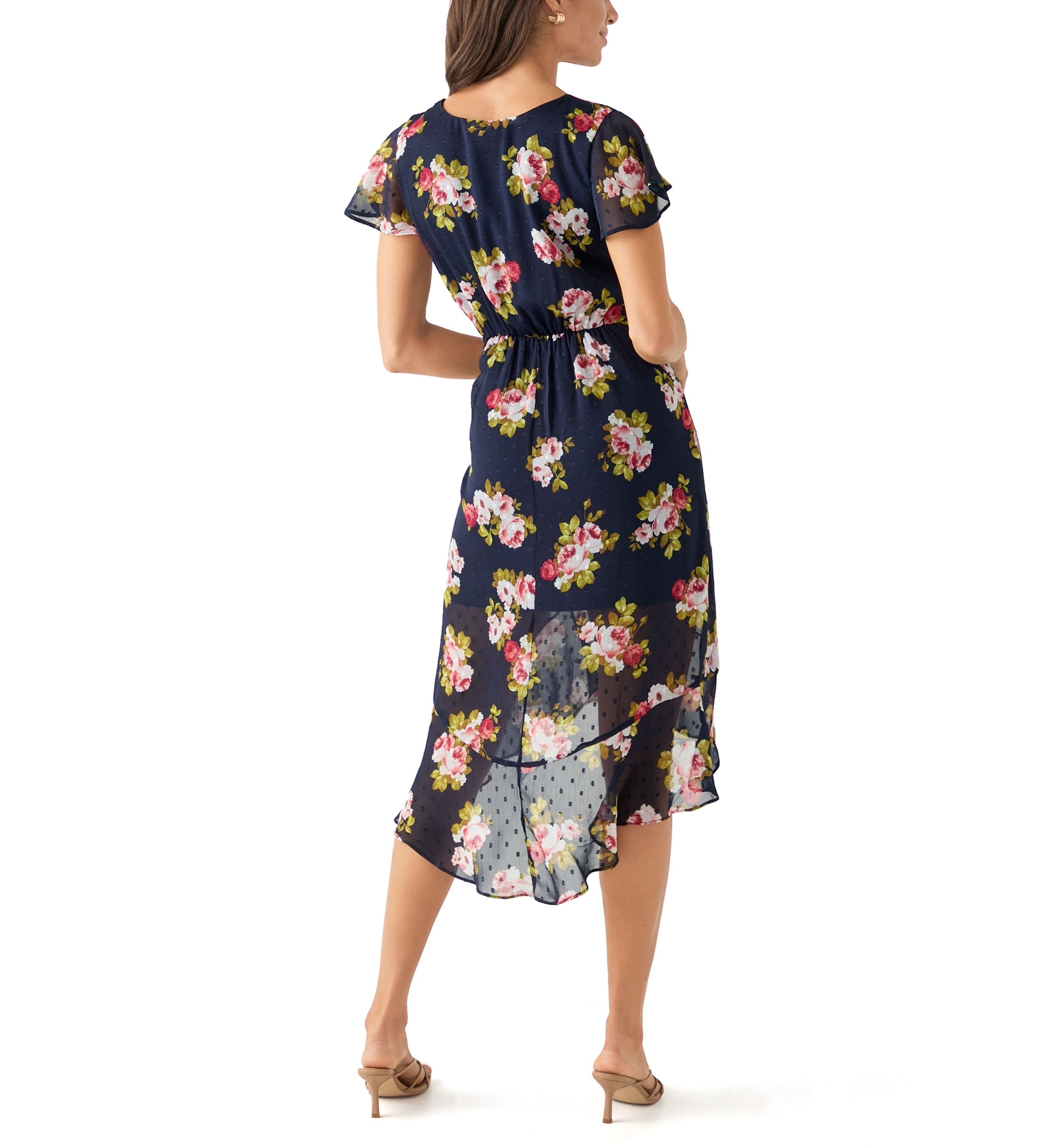 Womens Printed Flutter Sleeve High Low Faux Wrap Dress