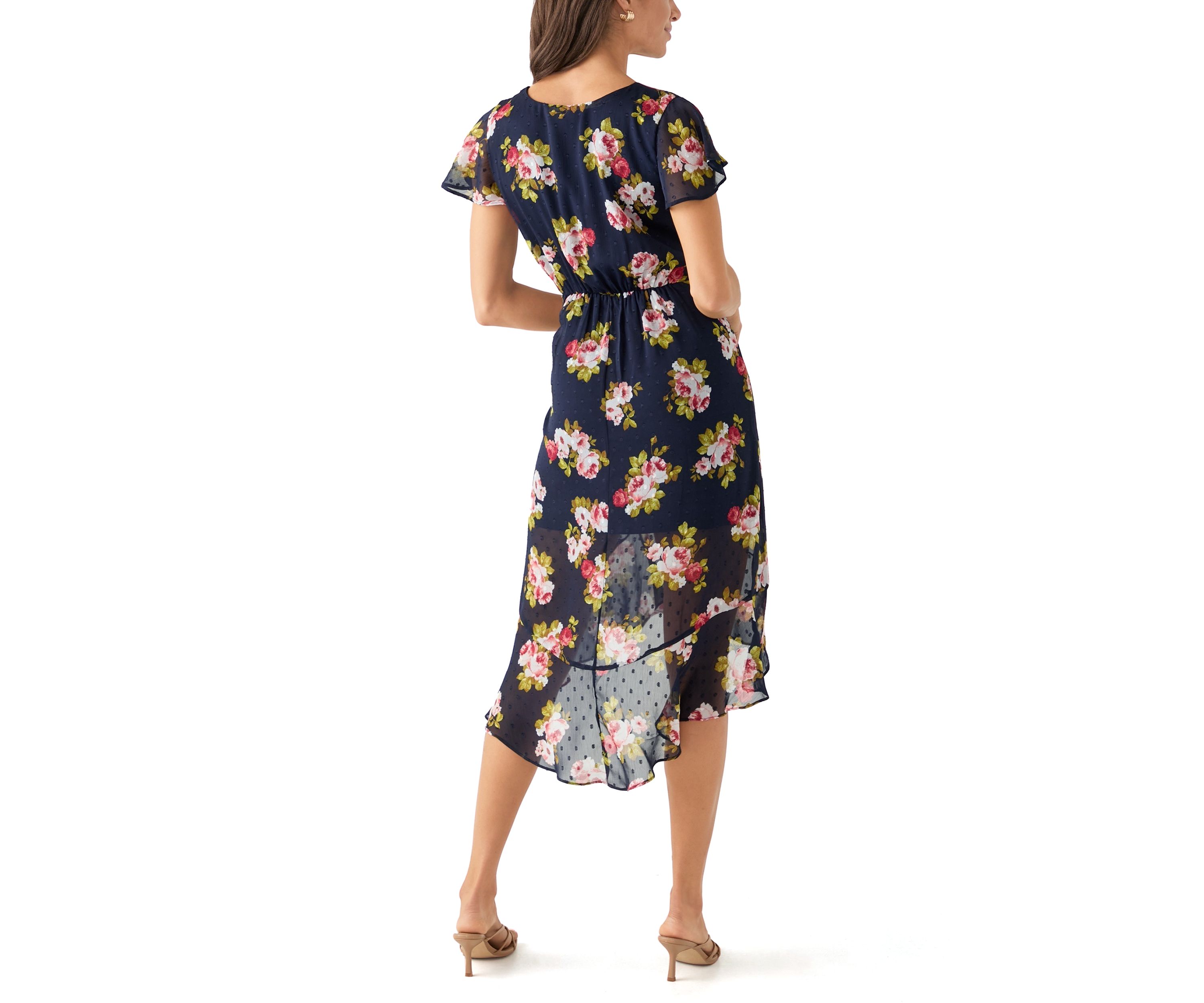 Womens Printed Flutter Sleeve High Low Faux Wrap Dress