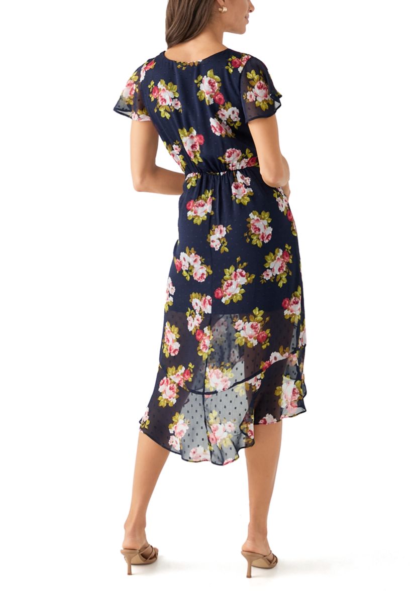 Womens Printed Flutter Sleeve High Low Faux Wrap Dress