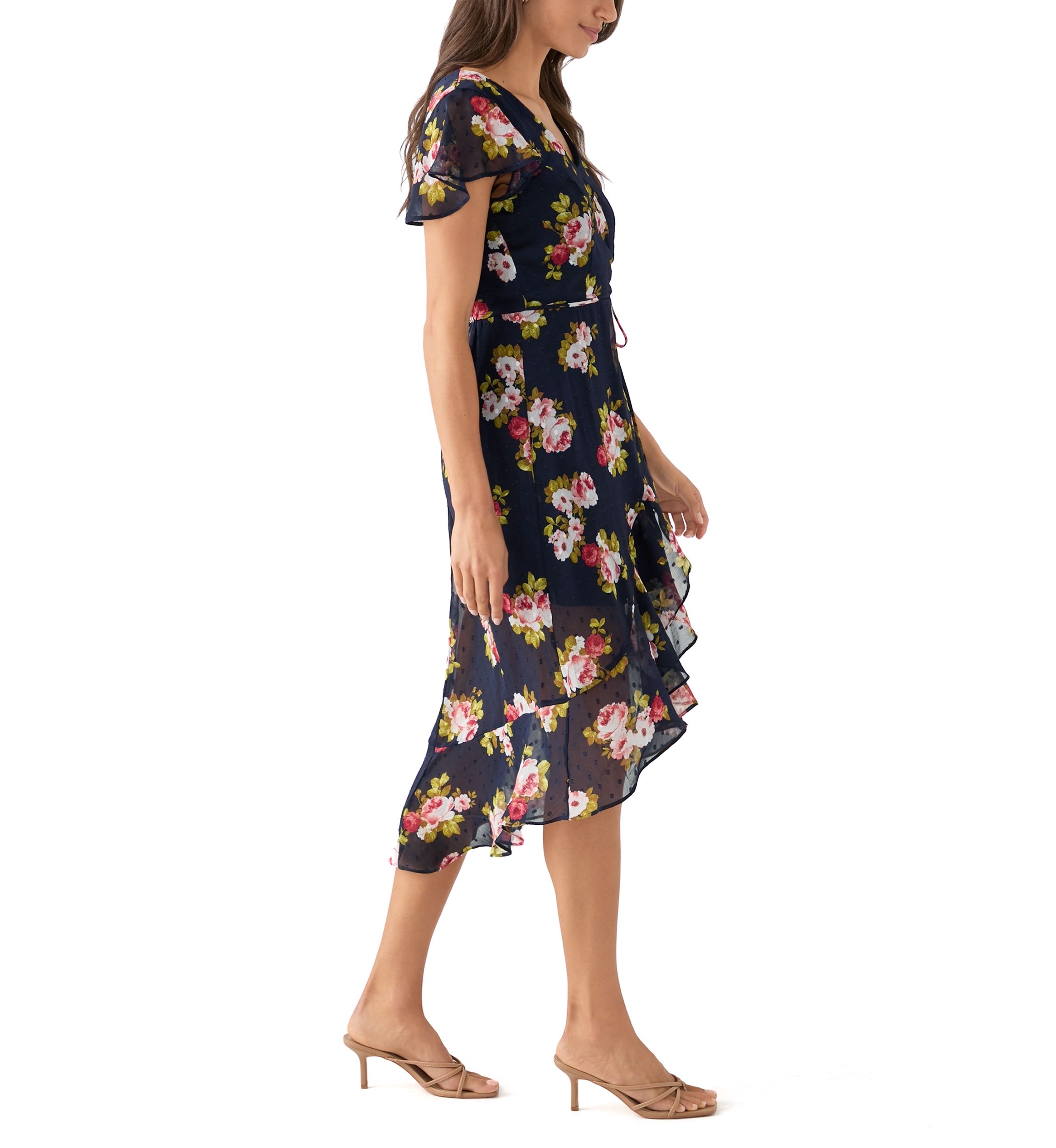 Womens Printed Flutter Sleeve High Low Faux Wrap Dress