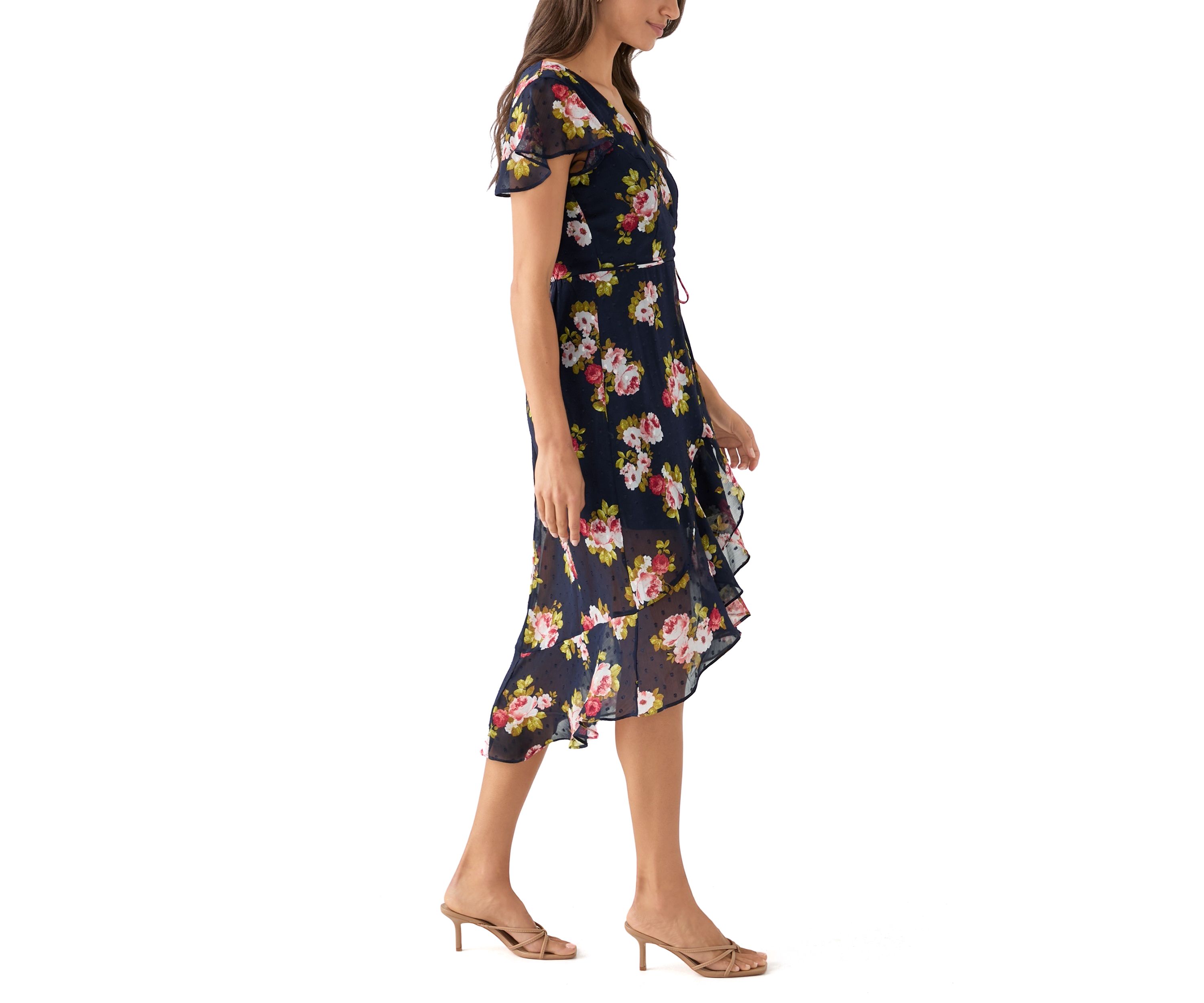Womens Printed Flutter Sleeve High Low Faux Wrap Dress