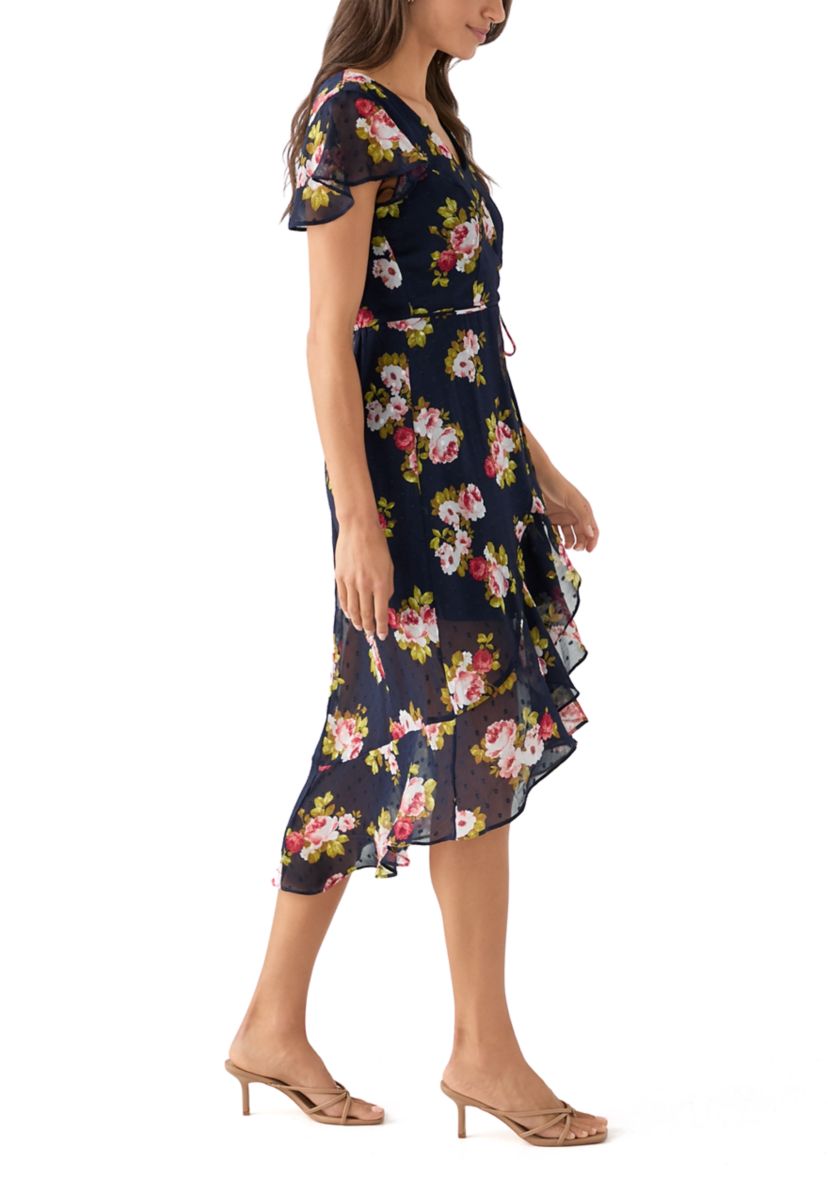 Womens Printed Flutter Sleeve High Low Faux Wrap Dress