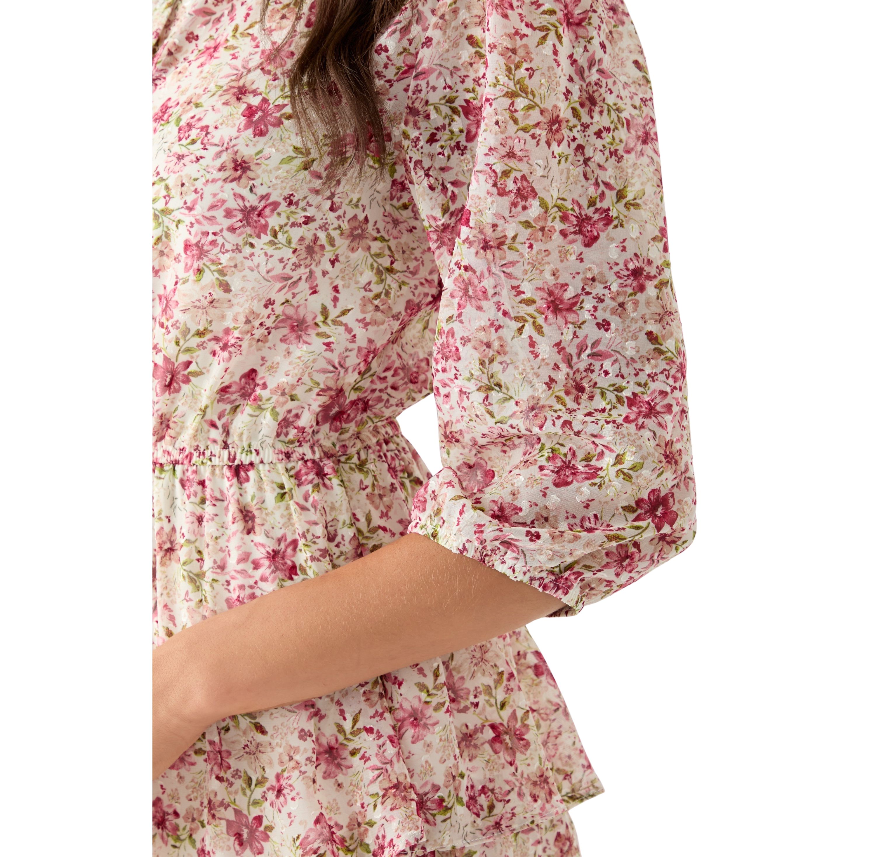 Womens 3/4 Sleeve Printed Tiered Shirt Dress