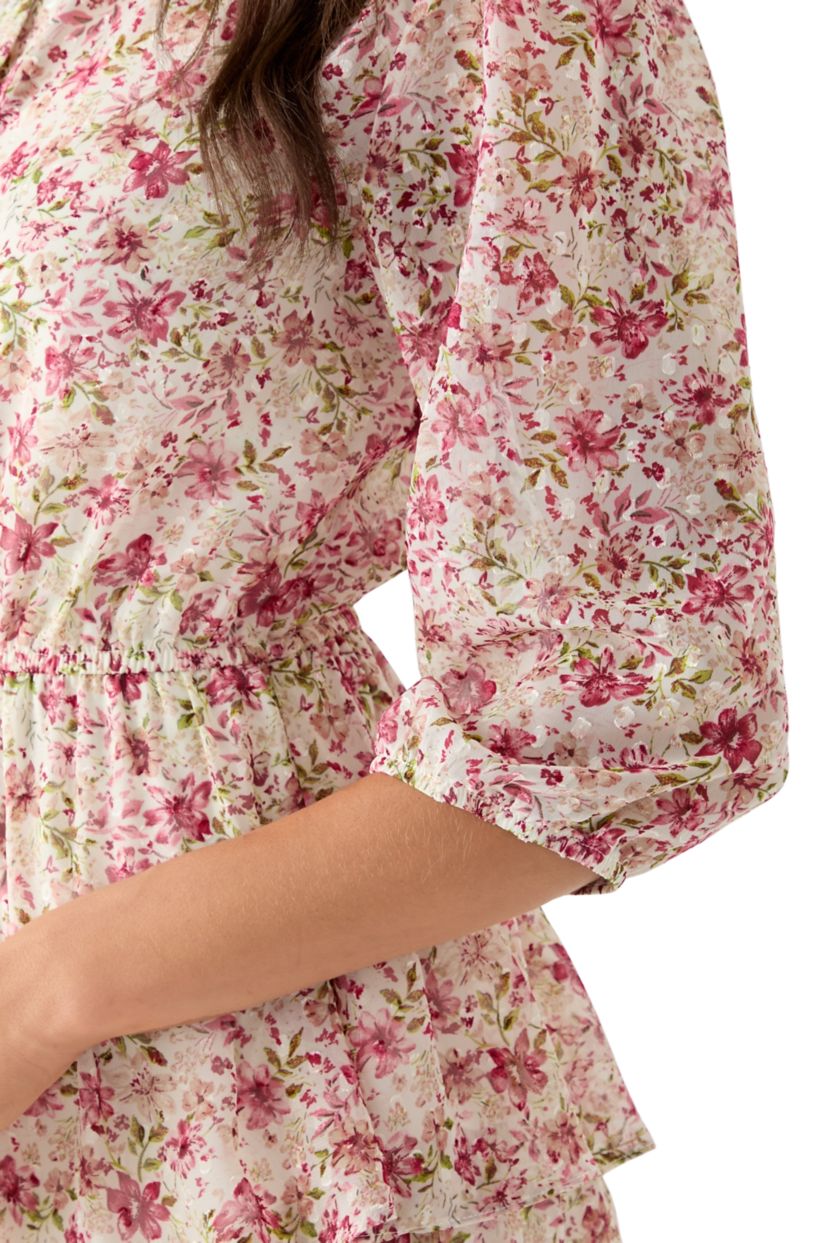 Womens 3/4 Sleeve Printed Tiered Shirt Dress