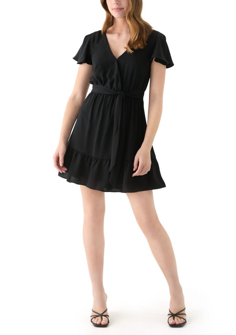 Juniors Flutter Sleeve Faux Wrap Dress