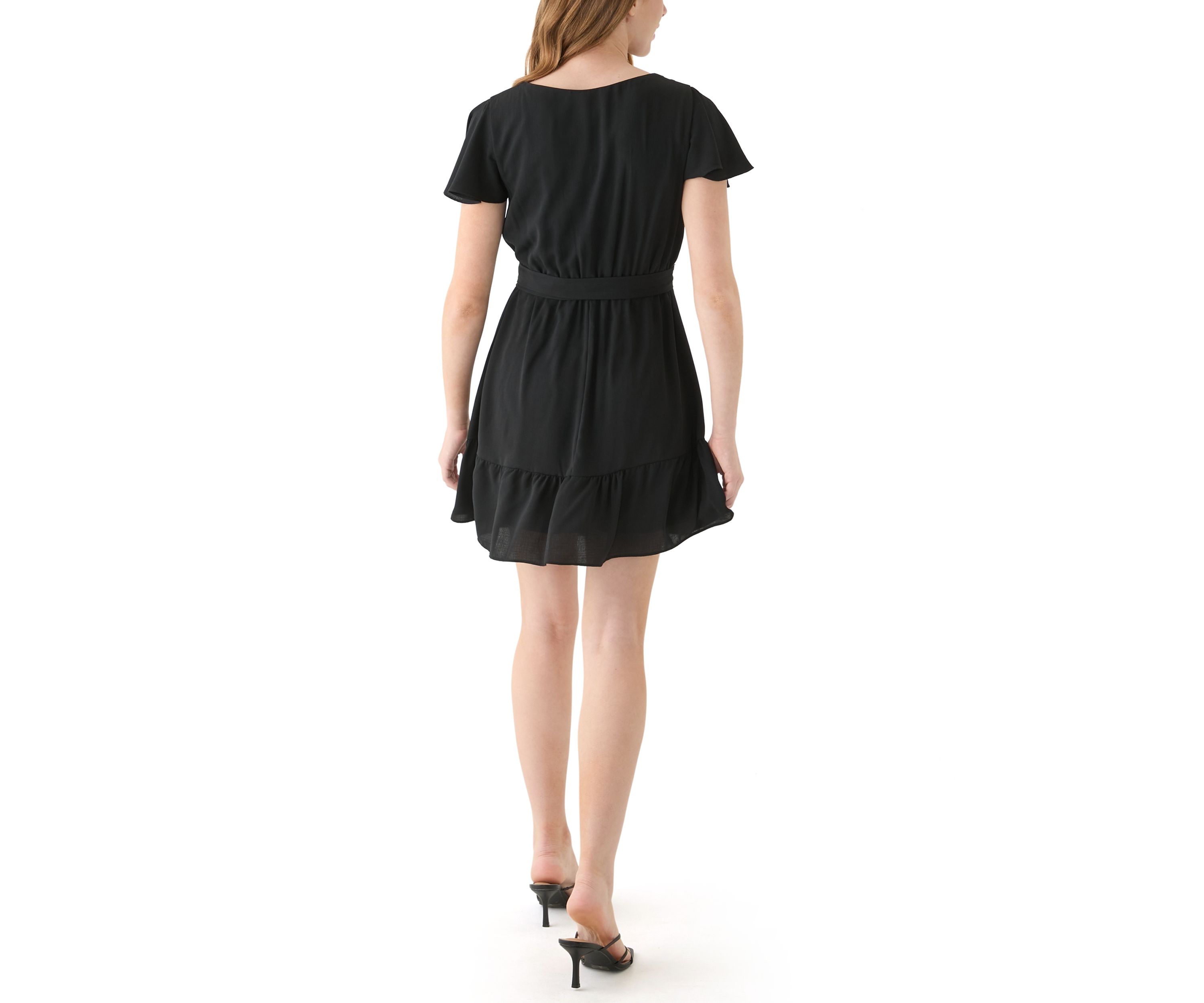 Juniors Flutter Sleeve Faux Wrap Dress