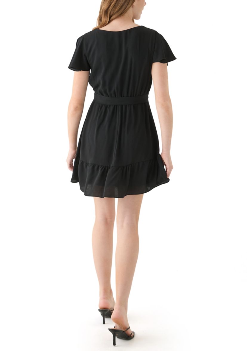 Juniors Flutter Sleeve Faux Wrap Dress