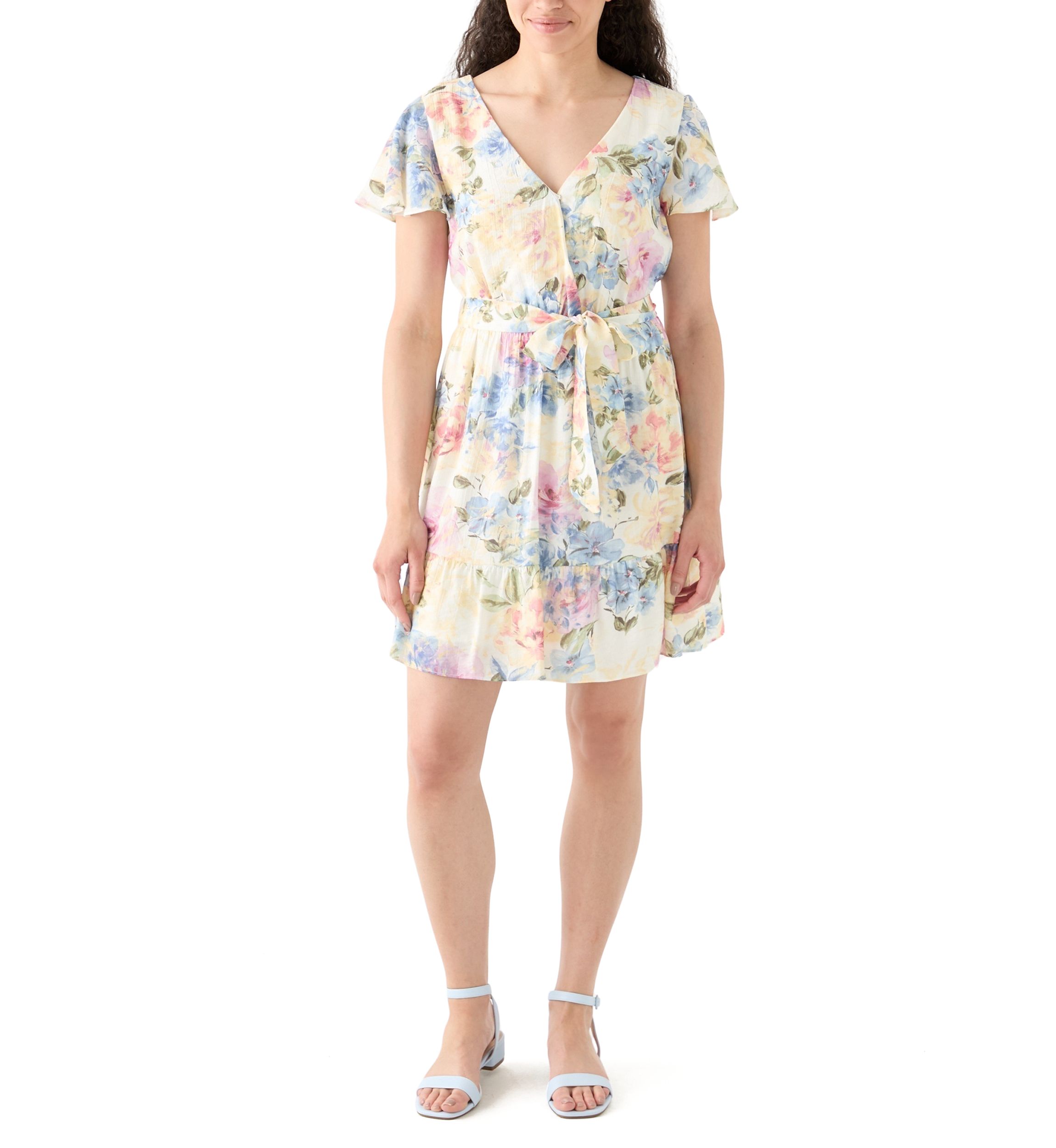 Womens Printed Flutter Sleeve Faux Wrap Dress