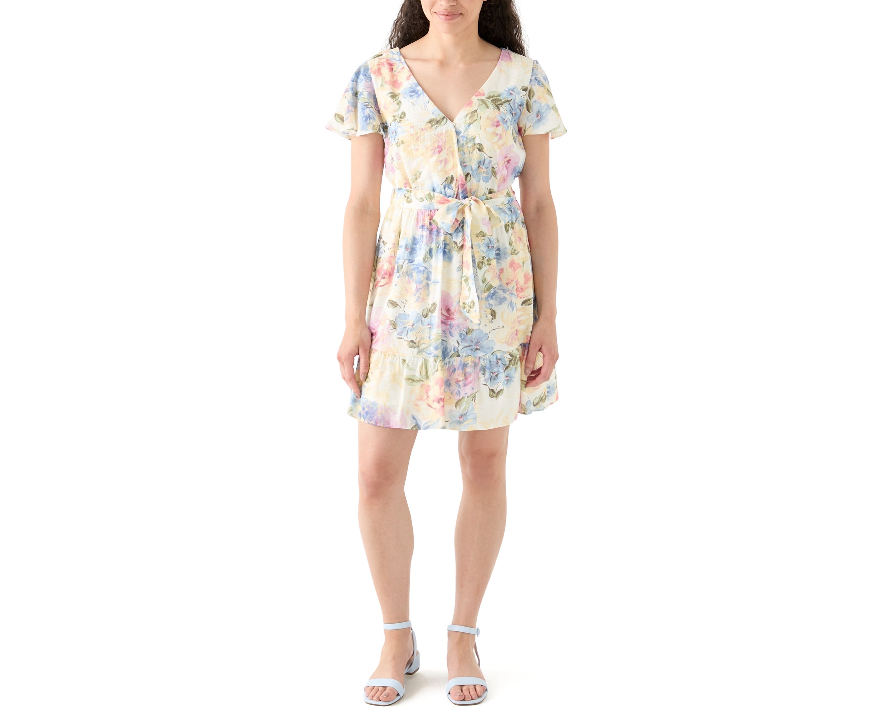 Womens Printed Flutter Sleeve Faux Wrap Dress