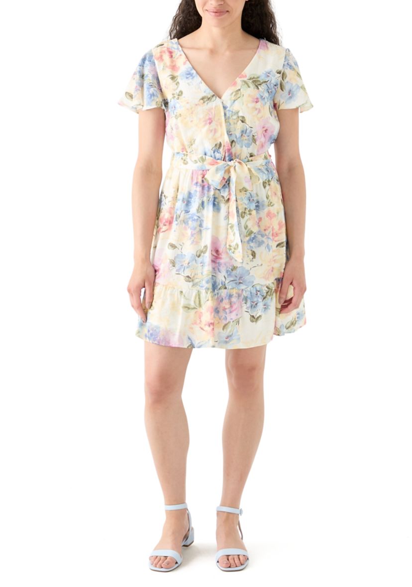 Womens Printed Flutter Sleeve Faux Wrap Dress
