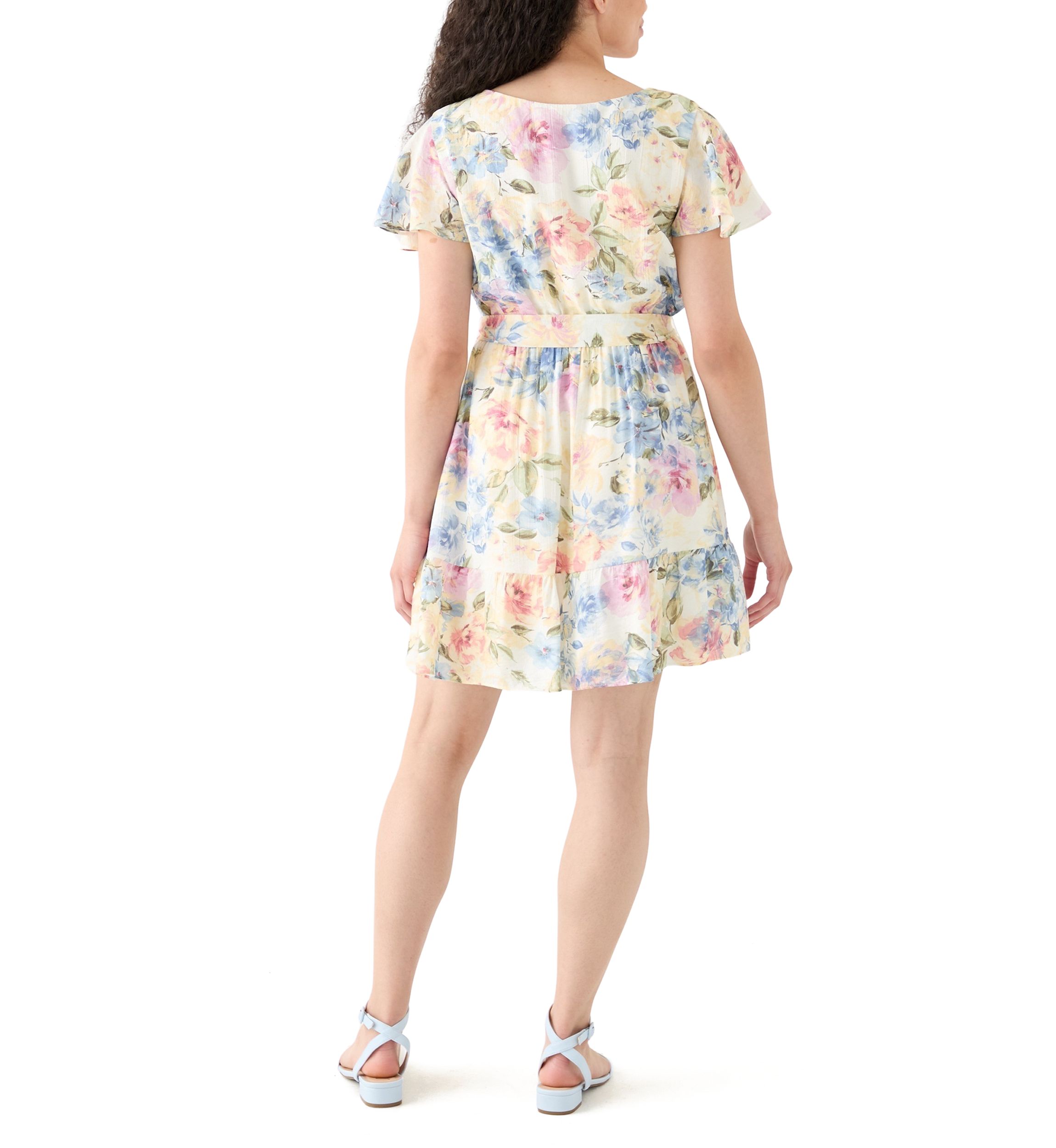 Womens Printed Flutter Sleeve Faux Wrap Dress