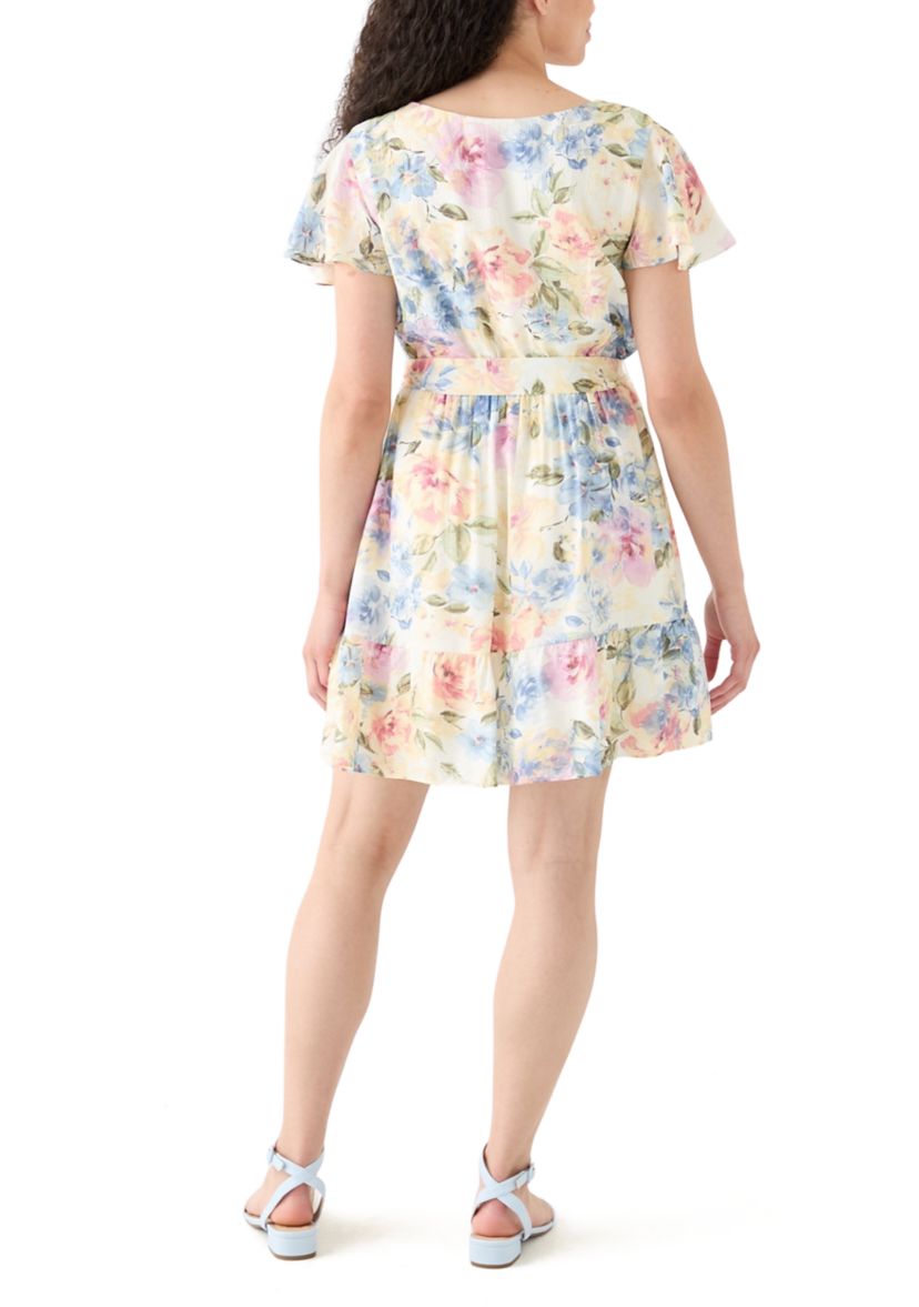 Womens Printed Flutter Sleeve Faux Wrap Dress