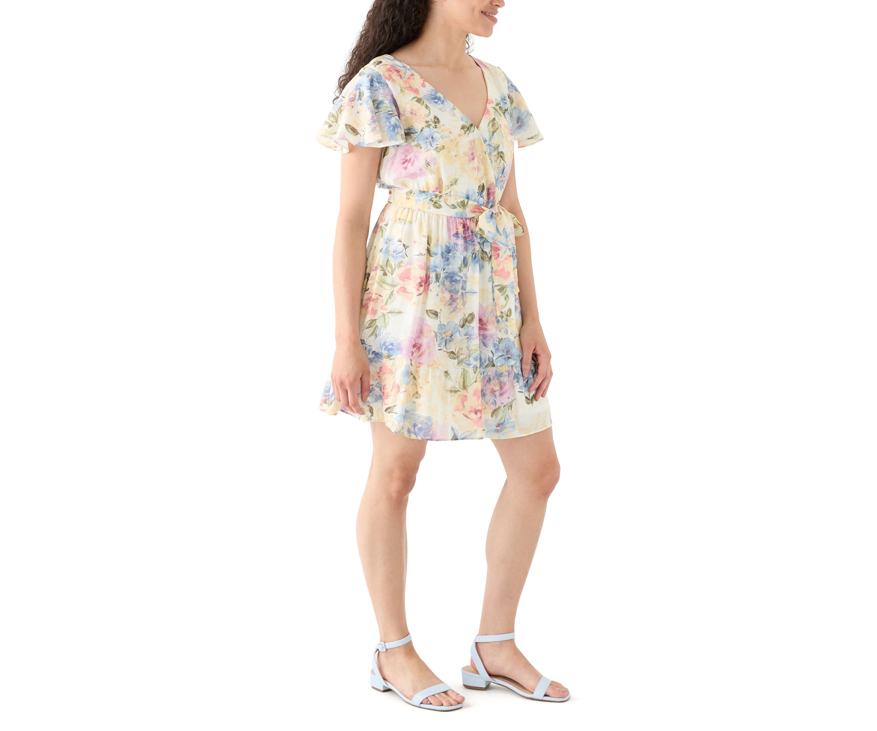 Womens Printed Flutter Sleeve Faux Wrap Dress