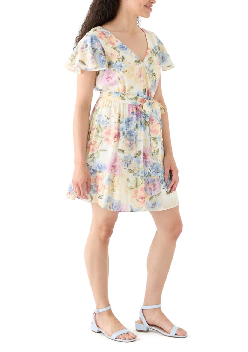 Womens Printed Flutter Sleeve Faux Wrap Dress