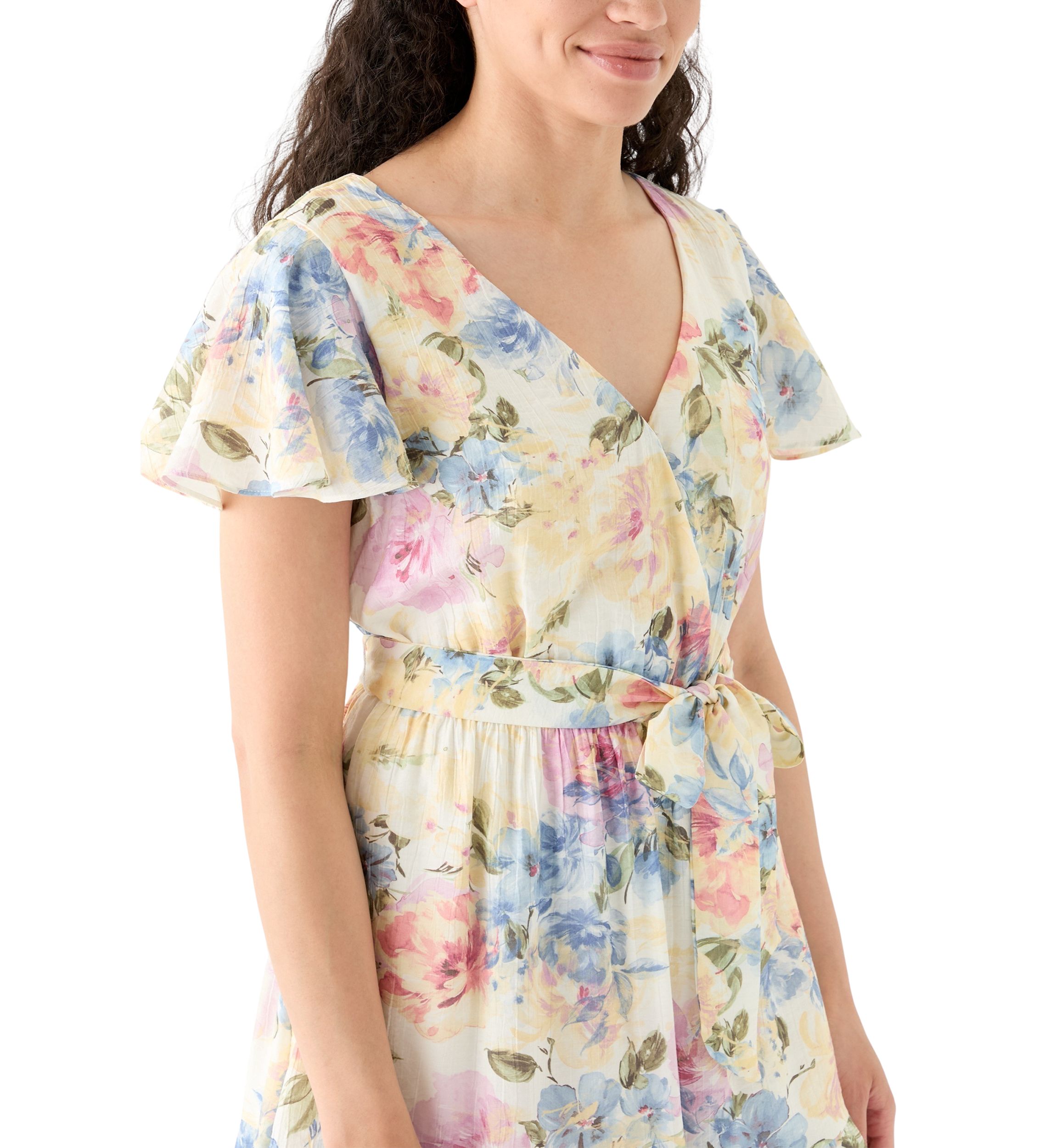 Womens Printed Flutter Sleeve Faux Wrap Dress