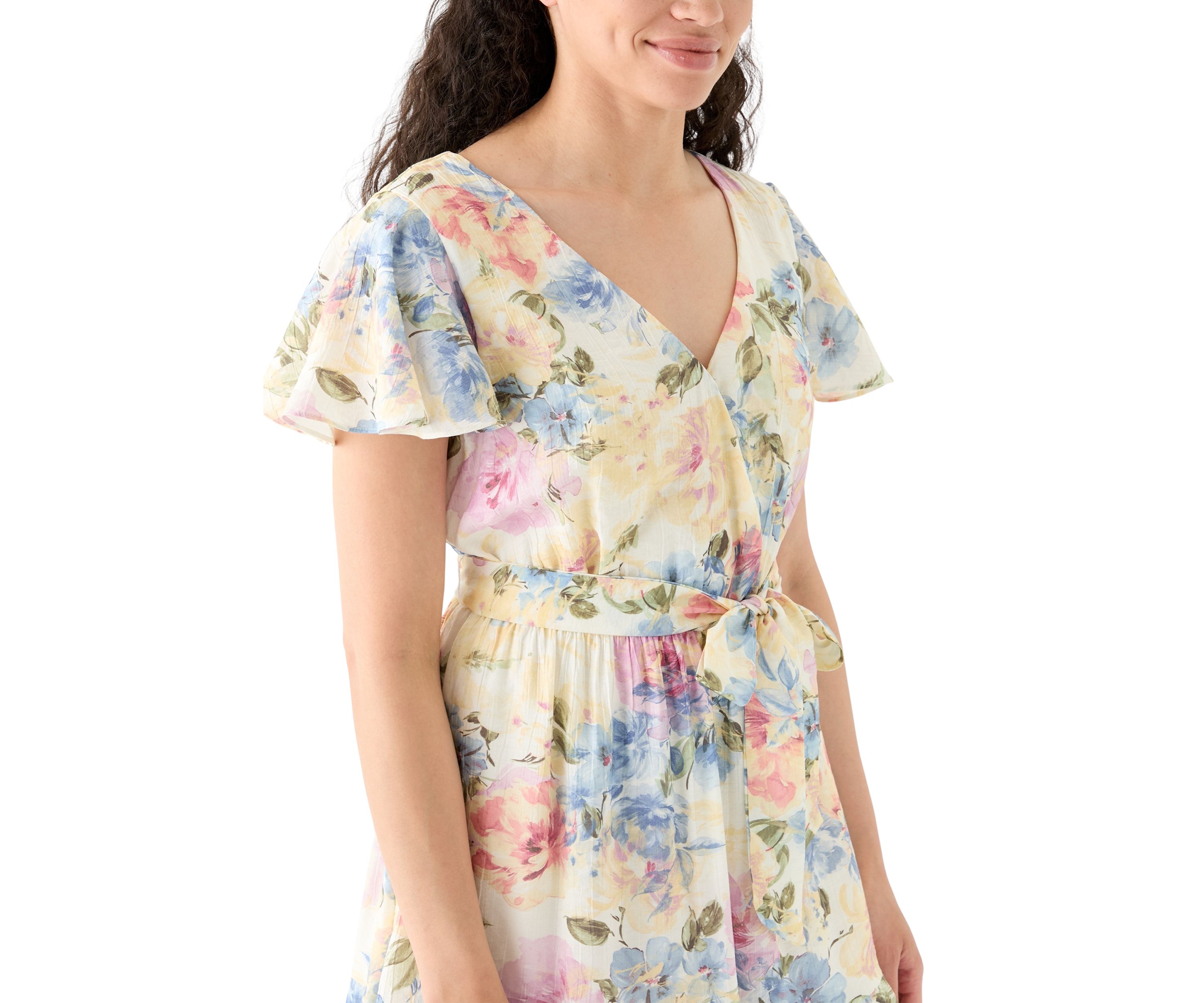 Womens Printed Flutter Sleeve Faux Wrap Dress
