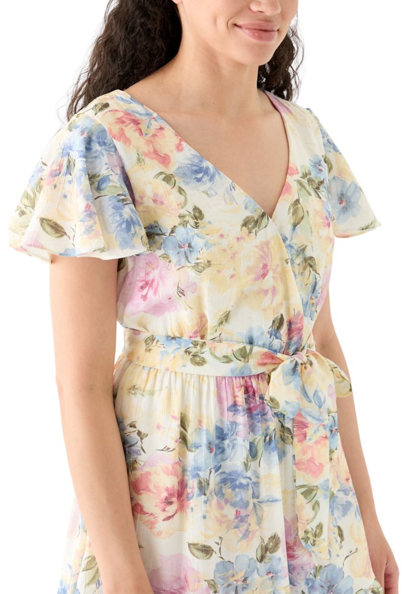 Womens Printed Flutter Sleeve Faux Wrap Dress